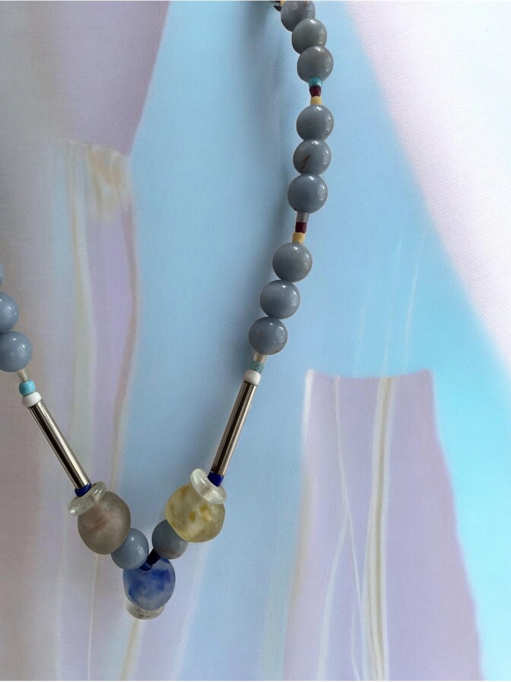 Aqua Jadeite Gemstone Beaded Necklace w/Amethyst/Lapis/Murano/Turquoise & Silver